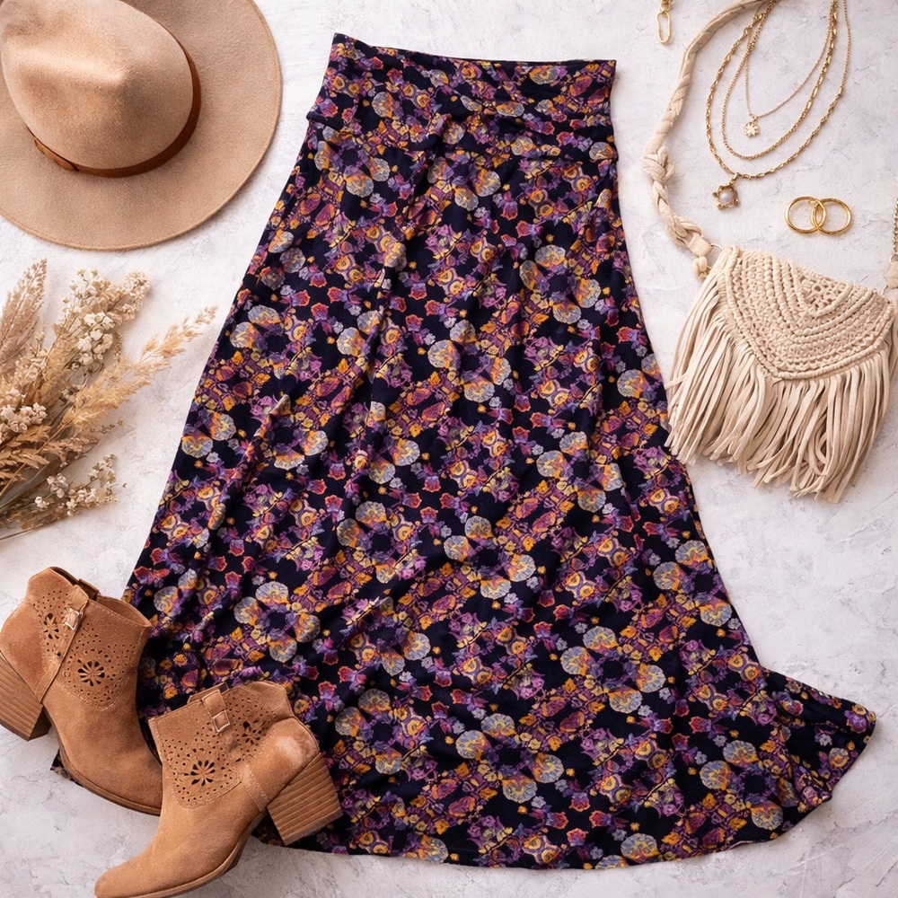 LuLaRoe XL Floral Maxi Skirt A-Line Flowing Foldover Yoga Waist Boho - Picture 2 of 11
